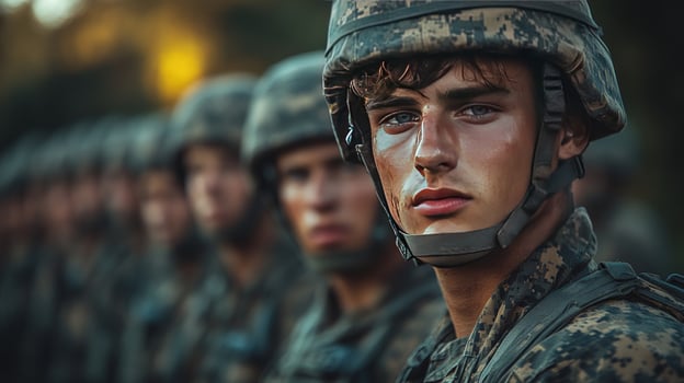 Military personnel in formation wearing camouflage uniforms and helmets photo
