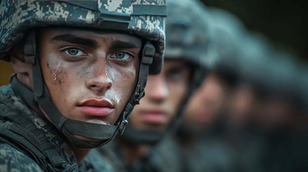 Soldier in military camouflage helmet serious expression photo