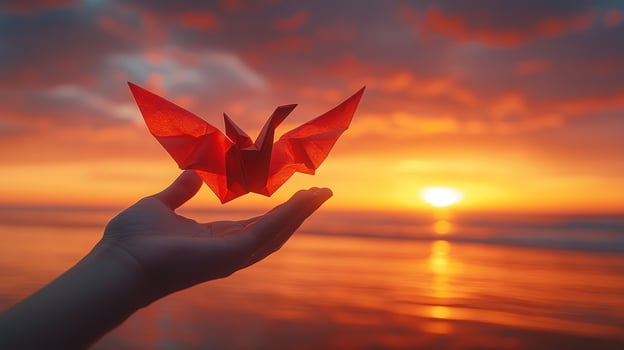 Origami crane held towards ocean sunset sky photo