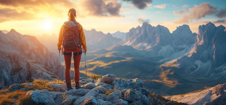 Person hiker admiring mountain landscape at sunset photo