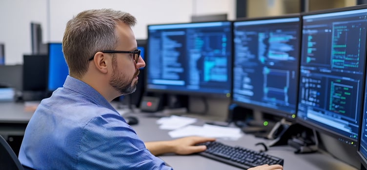 Man coding at office, multiple screens photo