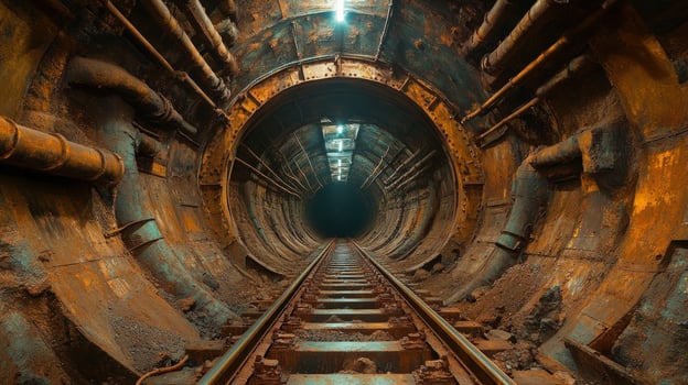 Underground tunnel with train tracks infrastructure photo