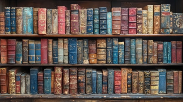 Assortment of old books on shelves in library historical literature photo