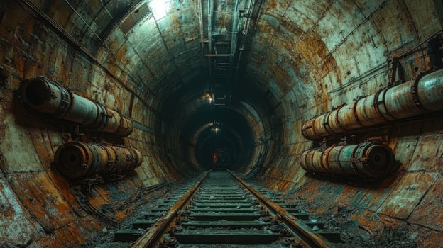 Abandoned tunnel with railway and rusted pipes in dark environment photo