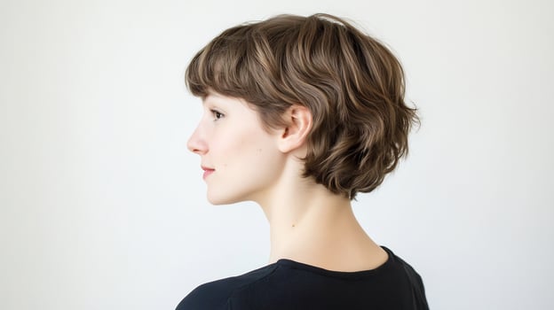Woman, short wavy hair, profile, studio, background photo