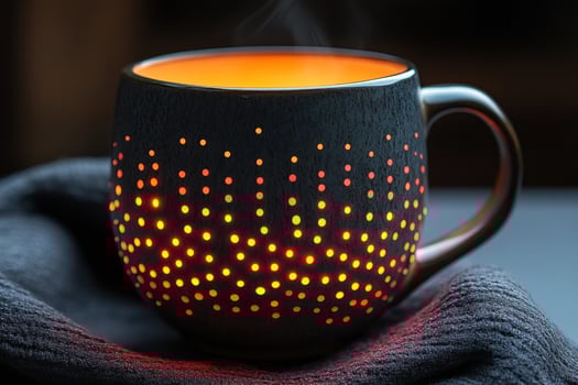 Steaming drink in black mug with decorative glowing dots photo