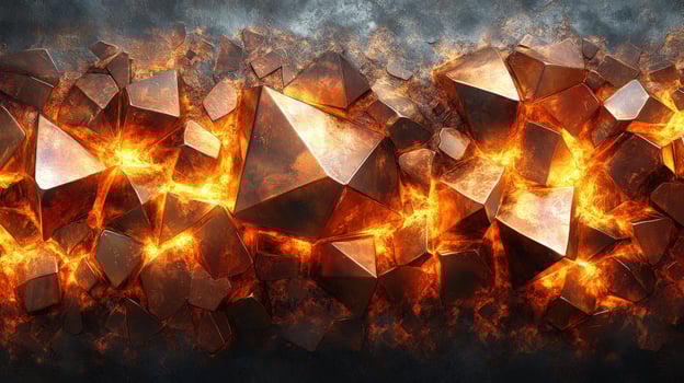 Abstract polygonal metallic crystals with glowing orange light background photo