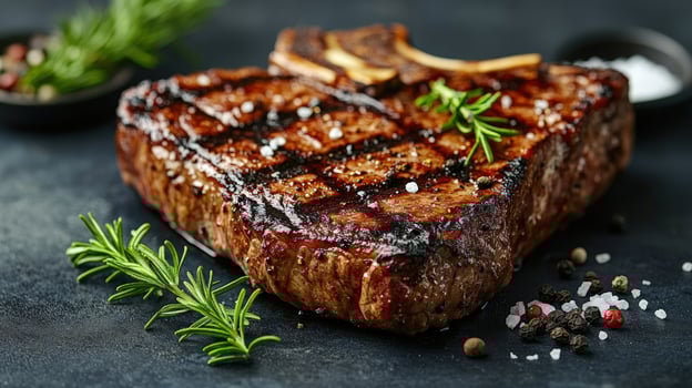 Grilled beef steak with rosemary food photography photo