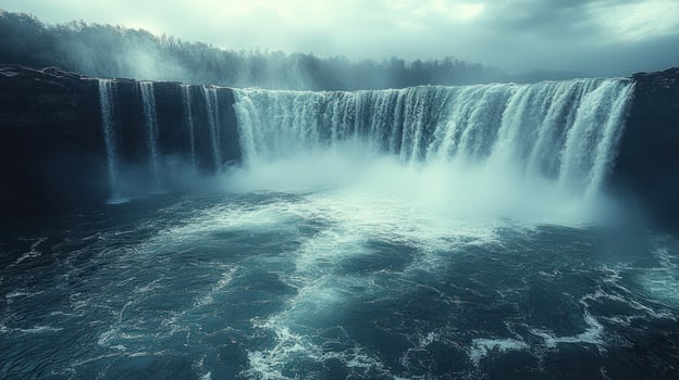 Misty waterfall scenery with cascading water and tranquil landscape photo