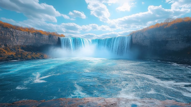 Majestic waterfall flowing into river under blue sky nature landscape photo