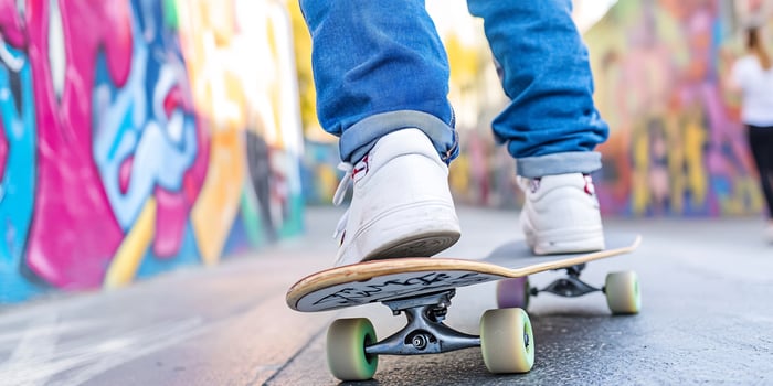 Teen skateboarding, graffiti backdrop photo