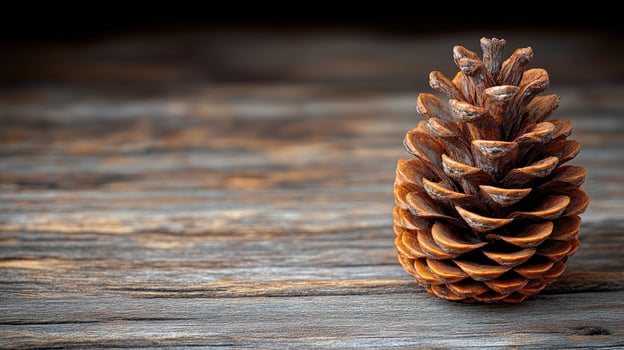 Isolated pinecone on rustic wood surface close up photo