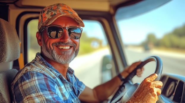 Man drive car sunny day smiling roadtrip photo