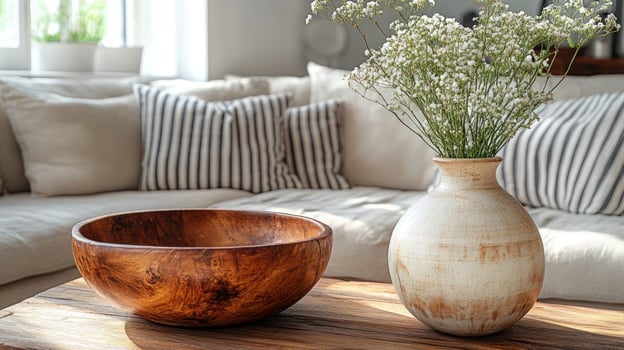 Rustic home decor still life with wooden bowl and flower vase on table photo
