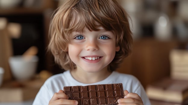 Smiling child presenting a chocolate bar sweet treat delight photo