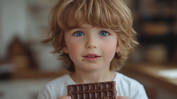 Adorable child hold chocolate bar portrait happy kid enjoy sweet treat photo