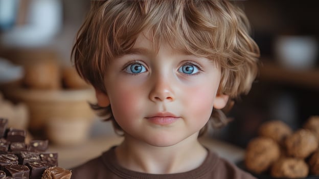 Portrait of a beautiful blond haired blue eyed boy with a stack of chocolate chunks photo