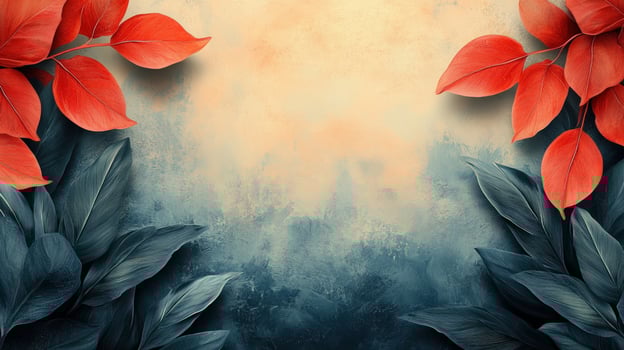 Painted foliage background texture with red and teal leaves decorative design photo