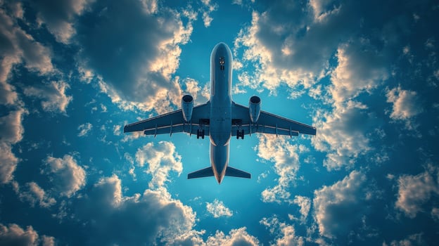 Airplane flying through cloudy blue sky aerial view photo