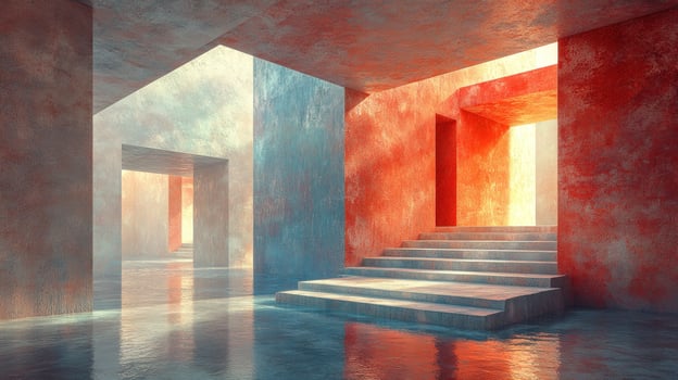 Geometric architecture interior with staircase and reflected light photo