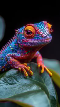 Colorful exotic lizard resting on green leaf wildlife portrait photo