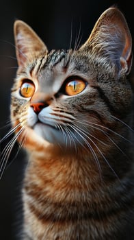 Close up portrait of a tabby cat with striking orange eyes photo