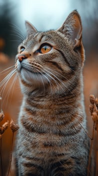 Portrait of tabby cat looking upward in natural light outdoor setting photo