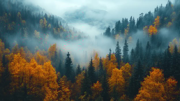 Autumn forest landscape with golden foliage and foggy atmosphere photo