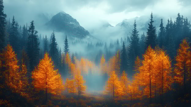 Scenic forest landscape with autumn foliage and distant mountains photo