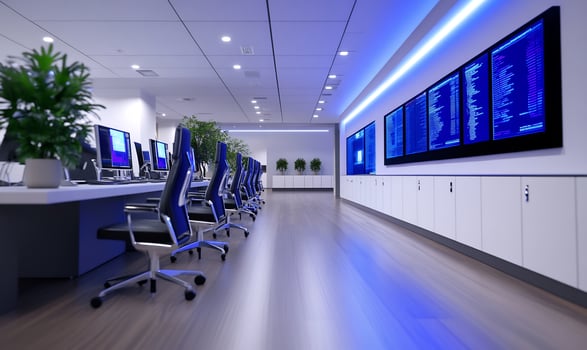 Modern office, tech team, data screens, blue lighting, teamwork photo