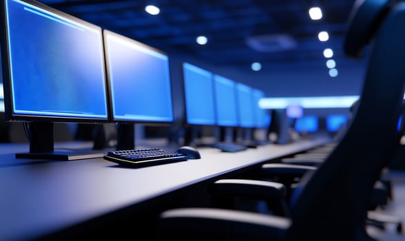 Bluelit server room monitors display data control center background tech support image photo