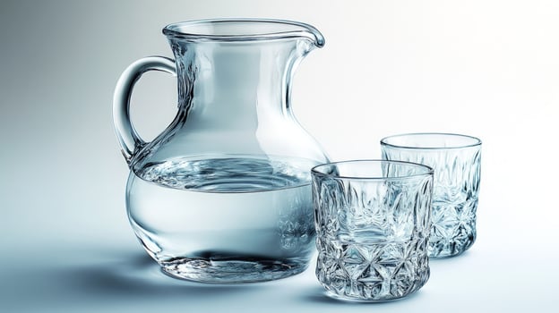 Elegant glass pitcher with two drinking glasses still life photo