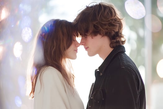 Young couple forehead touch, indoors, bokeh background, romance photo