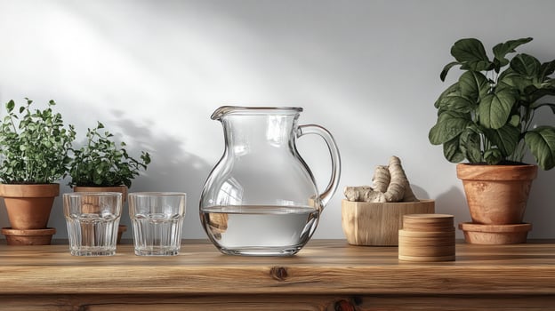Water pitcher and glasses with plants on wooden tabletop still life photo
