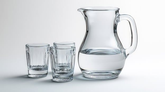 Glass pitcher and small glasses with liquid still life composition photo