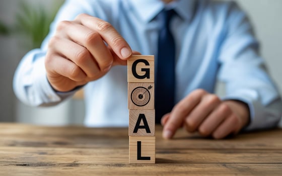 Man stacking wooden blocks spelling GOAL with target symbol on O goal objective photo
