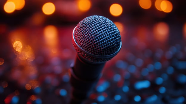 Microphone close up with colorful bokeh lights sound and music technology photo