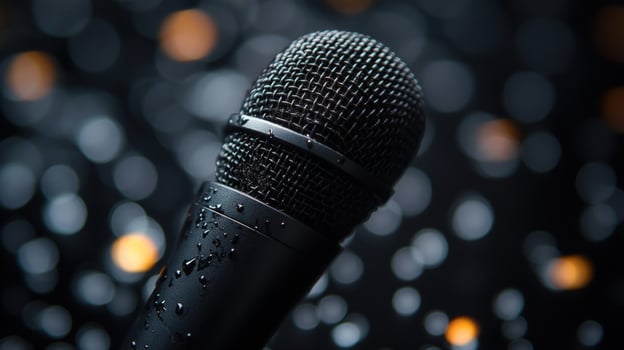 Dark microphone with bokeh background for audio recording and communication photo