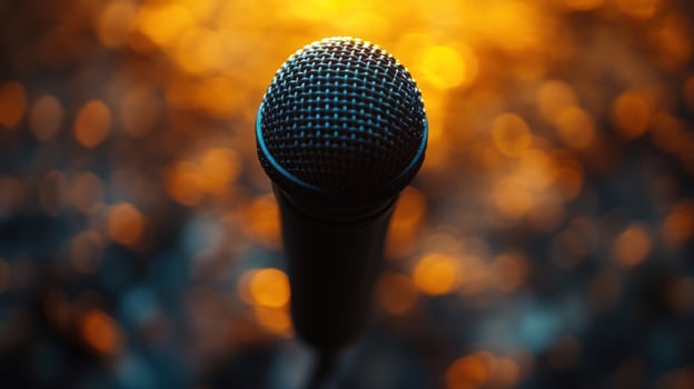 Microphone closeup with blurred bokeh background for music production and technology photo