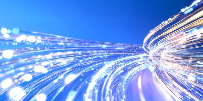 Digital data streams swirl, bright blue background photo