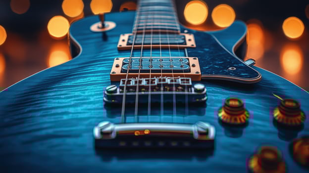 Electric guitar close up with blurred lights background music instrument studio shot photo