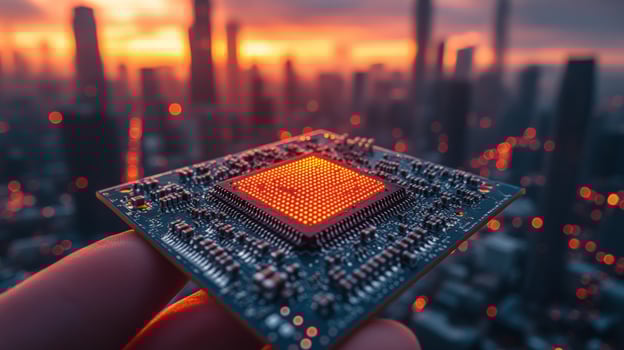 Microchip technology in hand with cityscape sunset background photo