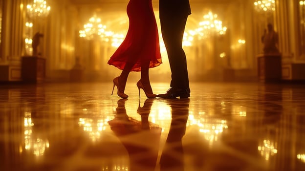 Elegant couple in formal wear at social gathering or wedding event celebration dancing together photo