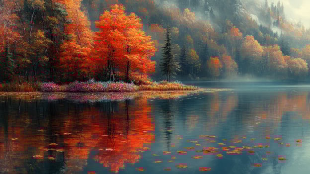 Autumn lake landscape with vibrant foliage reflection in calm water photo