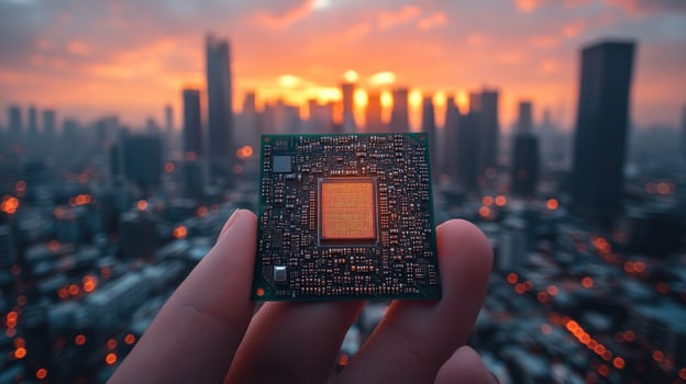 Computer chip held against cityscape at sunset highlighting technology and urban development photo