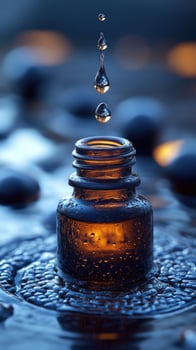 Essential oil droplets in glass bottle water still life photo