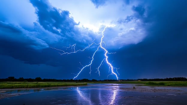 Lightning storm over field, reflecting in water photo
