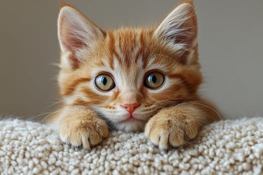 Cute orange kitten close up portrait on beige textured background photo