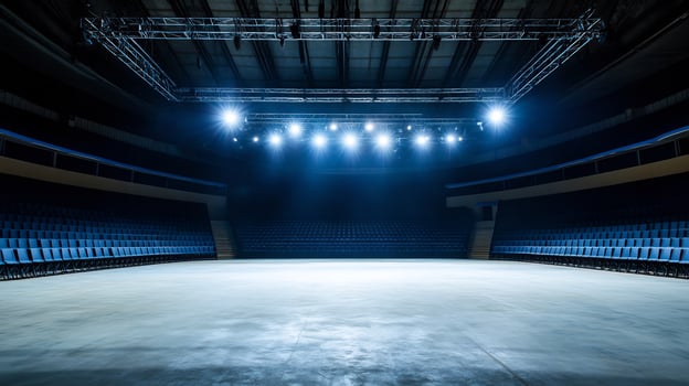 Empty concert hall stage, lights, seats photo