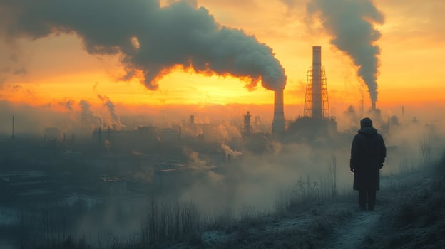 Industrial pollution landscape with person at sunset photo